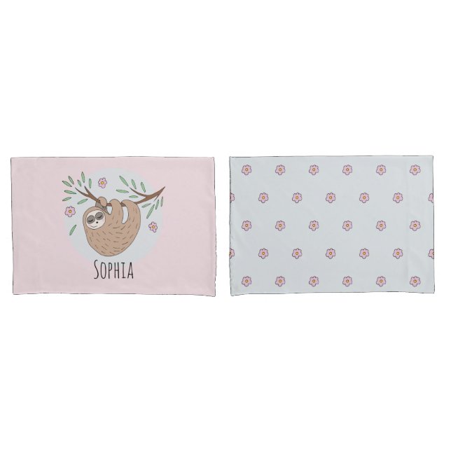 Girls Cute Sleeping Sloth Animal and Name Kids Pillowcase (Front-Set)