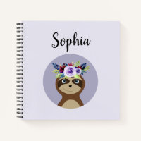 Girls Cute Sloth Watercolor Flowers and Name