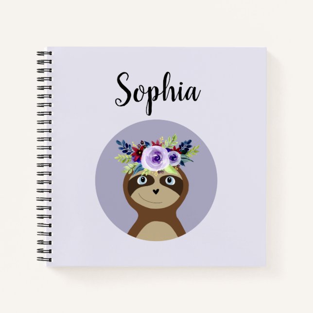 Girls Cute Sloth Watercolor Flowers and Name Notebook (Front)