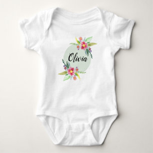 Girls Cute Spring Botanical Flowers and Name Baby Bodysuit