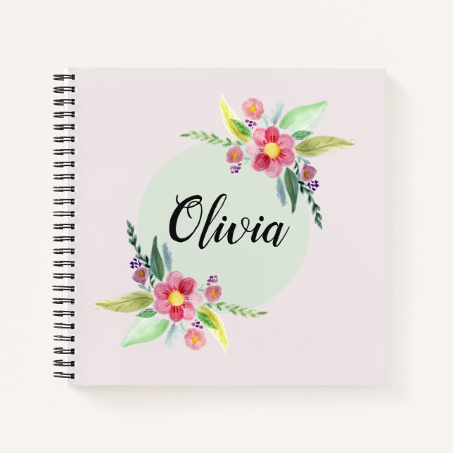 Girls Cute Spring Botanical Flowers and Name Kids Notebook (Front)