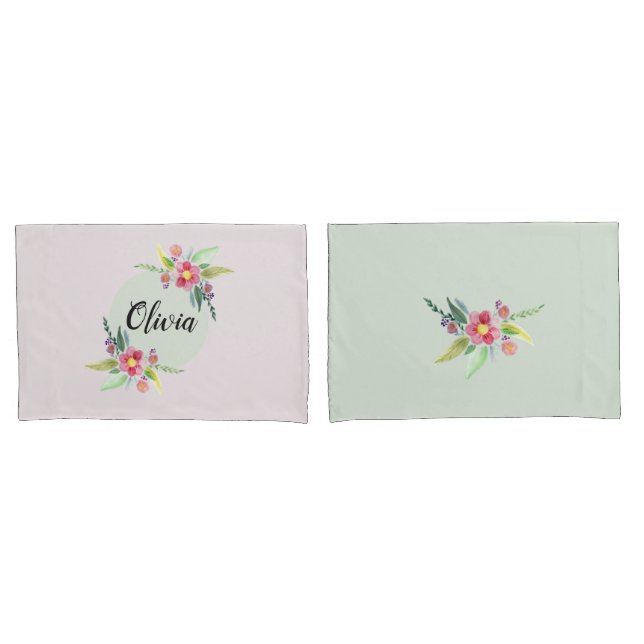 Girls Cute Spring Botanical Flowers and Name Kids Pillowcase (Front-Set)