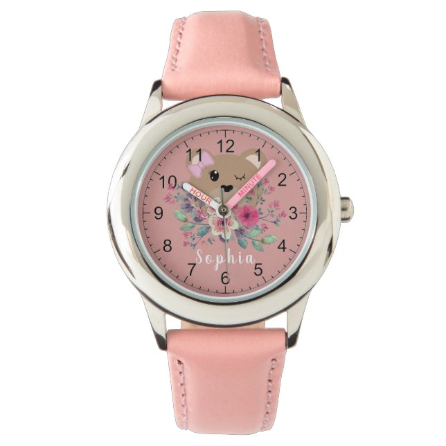 Girls Cute Teddy Bear Blush Pink & Name Kids Watch (Front)