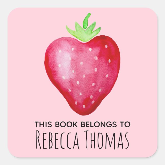 Girls Cute This Book Belongs Pink Strawberry Name Square Sticker (Front)