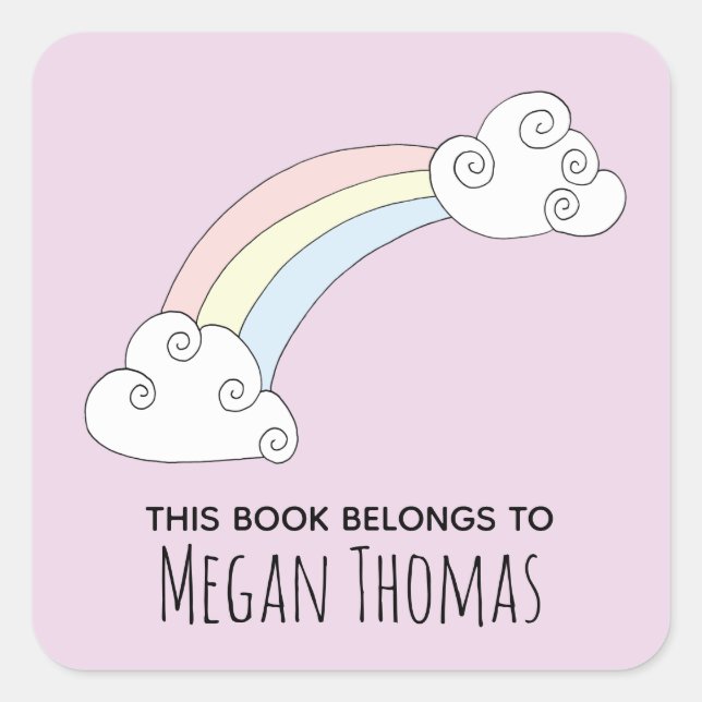 Girl's Cute This Book Belongs Rainbow Name Square Sticker (Front)