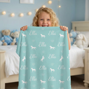 Girls Cute Turquoise Personalized Name Horse Fleece Blanket