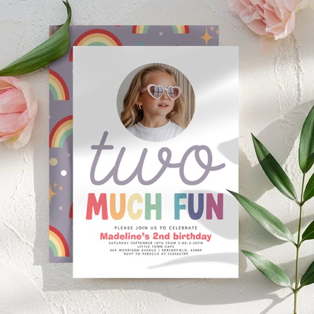 Girls Cute Two Much Fun Rainbow Photo 2nd Birthday Invitation (Creator Uploaded)