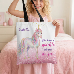 Girls Cute Unicorn Glitter Personalized Tote Bag