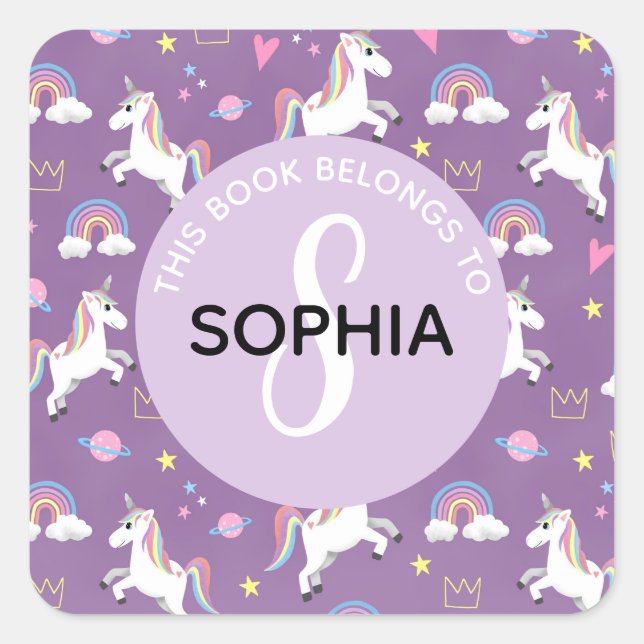 Girls Cute Unicorn Pattern and Name Kids Bookplate Square Sticker (Front)