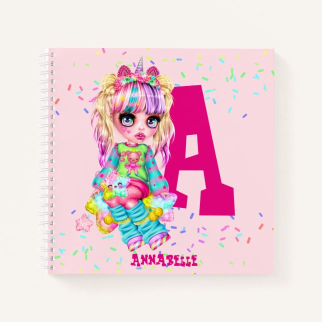 Girls Cute Unicorn Personalized Named Monogram Notebook (Front)