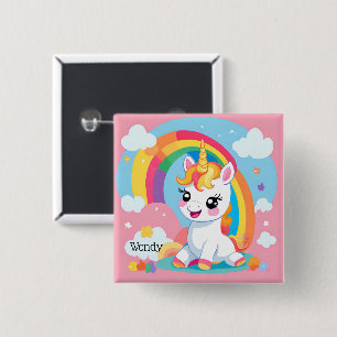 Girl's Cute Unicorn Rainbow Custom Name 2 Inch Square Button