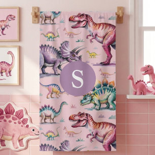 Girls Cute Watercolor Dinosaur & Name Kids Bath Towel