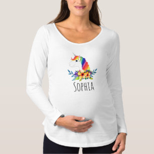 Girls Cute Watercolor Rainbow Unicorn and Name Maternity T-Shirt