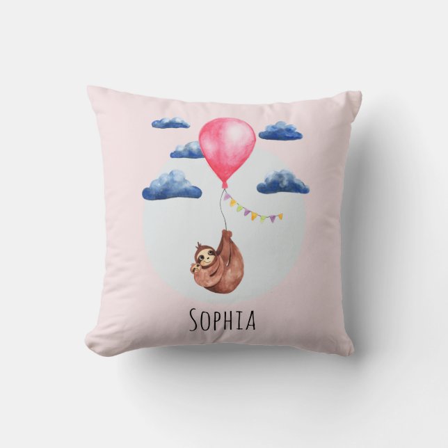 Girls Cute Watercolor Sloth Animal and Name Kids Throw Pillow (Front)