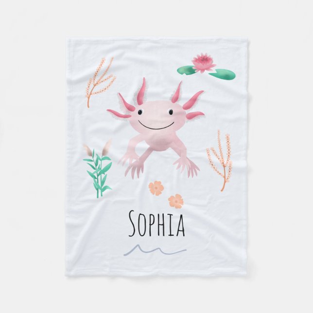 Girls Cute & Whimsical Happy Pink Axolotl Kids Fleece Blanket (Front)