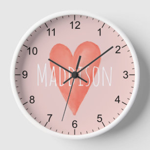 Girls Cute Whimsical Watercolor Pink Heart Kids Clock