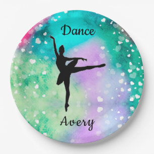 Girls Dance Watercolor with Floating Hearts Paper Plate