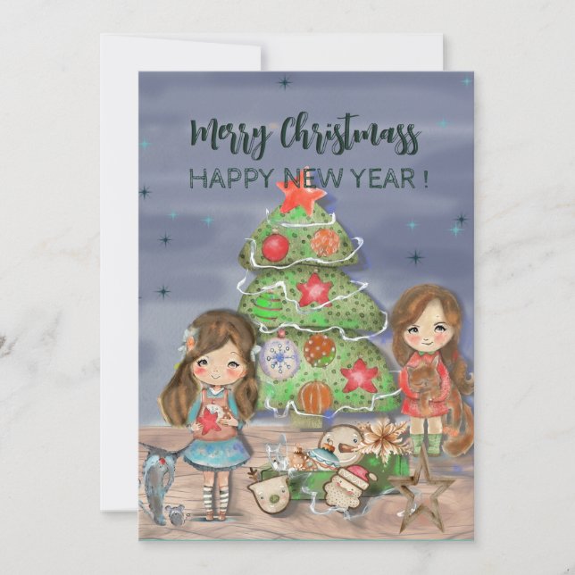 Girls decorating Christmas tree Holiday Card (Front)