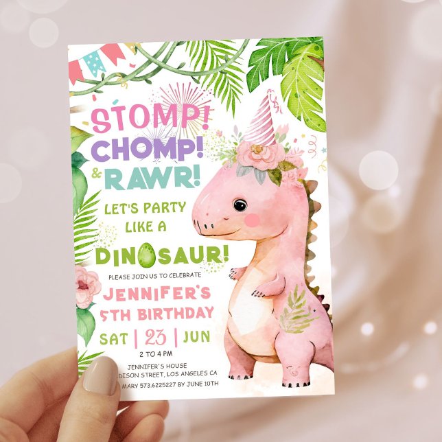 Girls Dinosaur 5th Birthday Party Cute Pink Dino Invitation (Creator Uploaded)