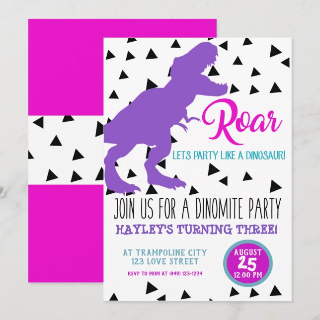 Girls Dinosaur Birthday Kids Invitations (Front/Back)