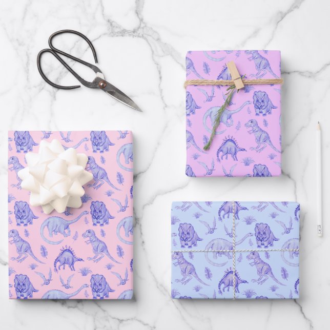 Girls Dinosaur Gift Wrap In Three Colors (Front)