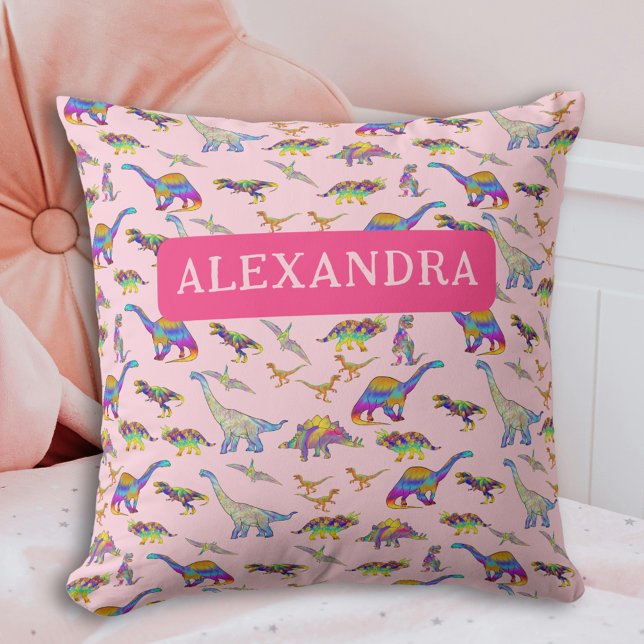 Girls Dinosaur Personalized Pink Throw Pillow (Personalized girls dinosaur pink pillow Custom dino pattern home decor)