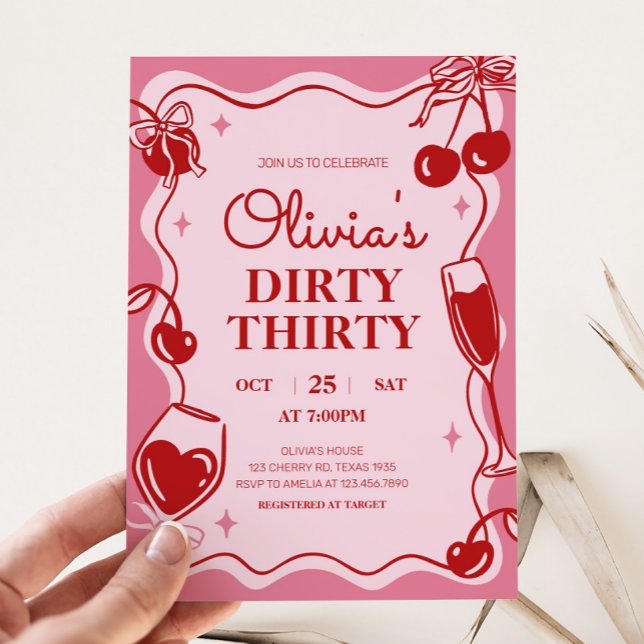Girls Dirty Trente Anniversaire Invitation (Hand Drawn Cherry Dirty Thirty Birthday Party Invitation)