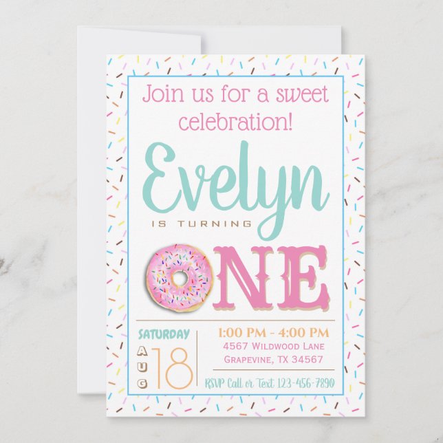 Girls Doughnut First Birthday Party Invitation (Front)