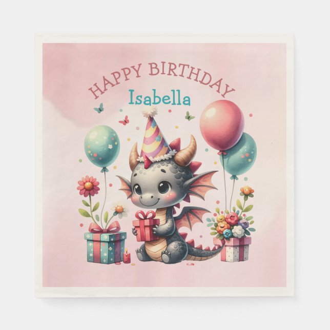 Girl's Dragon Themed Birthday Party Napkin (Front)