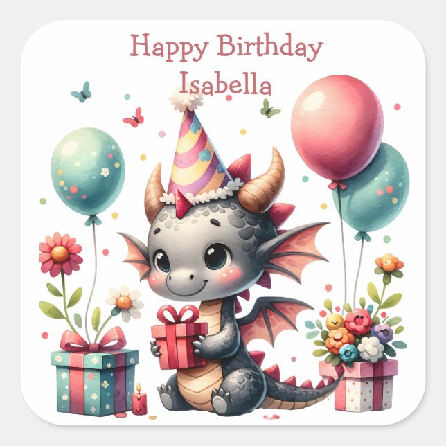 Girl's Dragon Themed Birthday Party Square Sticker (Front)