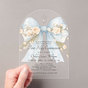Girl's Dusty Blue Floral Bow First Holy Communion  Acrylic Invitations