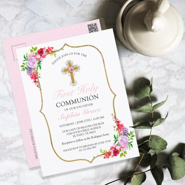 Girls Elegant Pink Floral First Holy Communion  Postcard (Creator Uploaded)