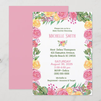 Girls Elegant Pink Yellow Roses  Baby Shower     Invitation