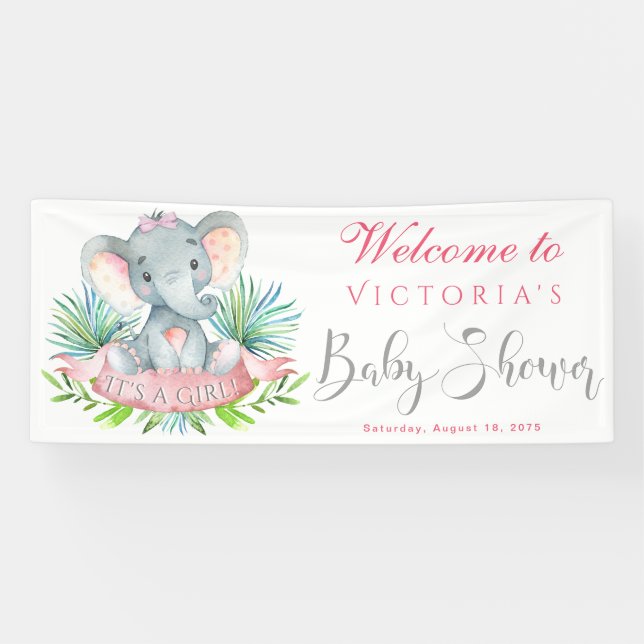 Girls Elephant Baby Shower Banners (Horizontal)