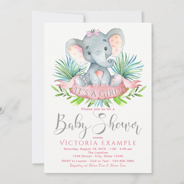 Girls Elephant Baby Shower Invitations (Front)