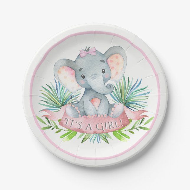 Girls Elephant Baby Shower Paper Plates (Front)