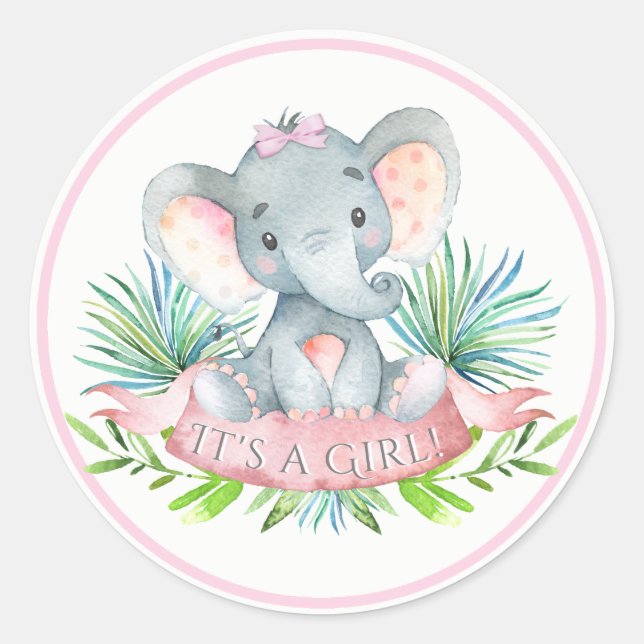 Girls Elephant Baby Shower Stickers (Front)