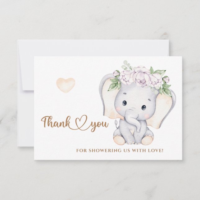 Girls elephant baby shower thank you card (Front)