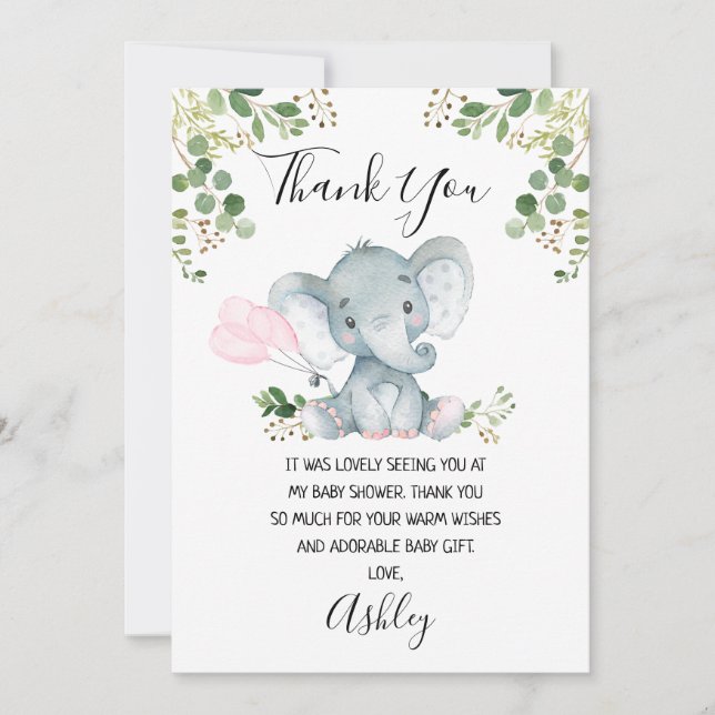 Girl's Elephant Baby Shower Thank You Card (Front)