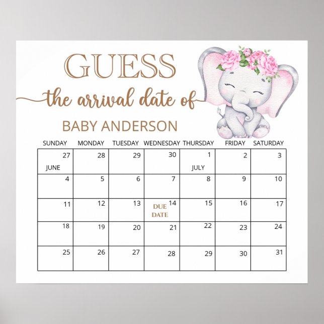 Girl's Elephant & Flower Guess Due Date Calendar P Poster (Front)