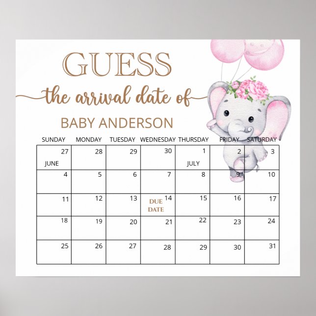 Girl's Elephant & Flower Guess Due Date Calendar Poster (Front)