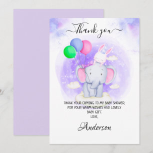 Girl's Elephant, Rabbit With Balloons Baby Shower Thank You Card