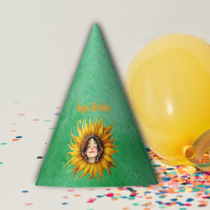 Girls Face in Big Yellow Sunflower Birthday Green Party Hat