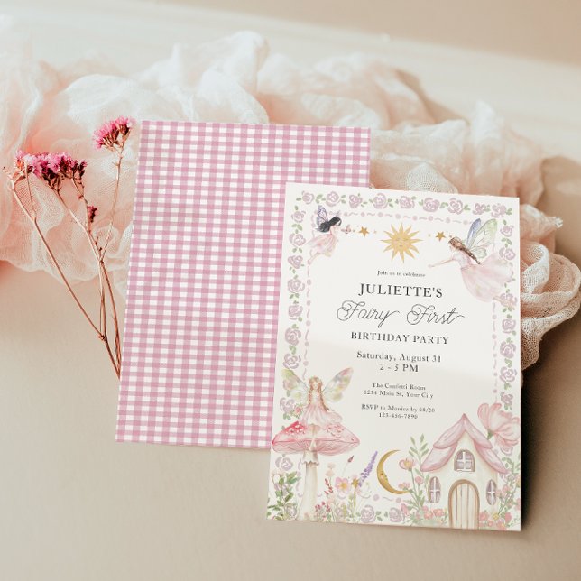 Girls Fairy First Magical Garden Birthday Invitation (Girls Fairy First Birthday Invite)