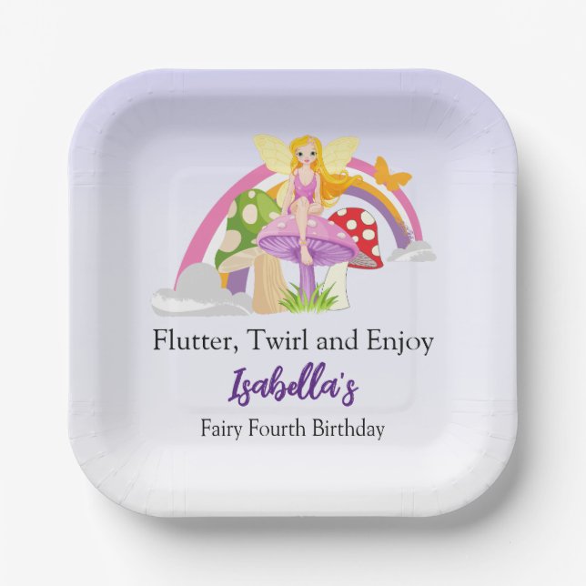 Girls Fairy Mushroom Rainbow Birthday  Paper Plate (Front)
