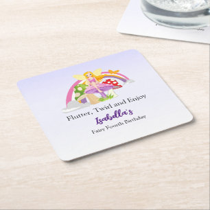 Girls Fairy Mushroom Rainbow Birthday Square Paper Coaster
