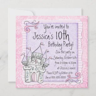 Girls fairytale castle pink birthday invitations