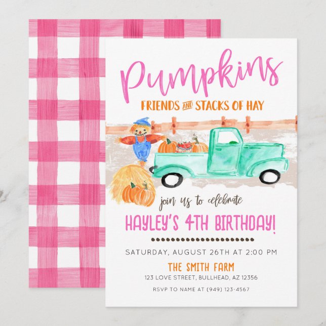 Girls Fall Farmer Pumpkin Patch Old Truck Invitation (Front/Back)