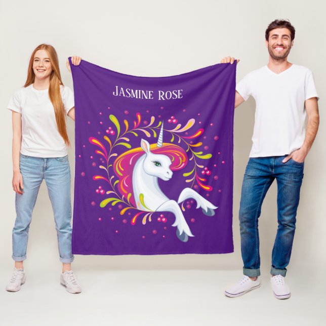 girls fantasy unicorn add name fleece blanket (In Situ)
