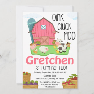Girls farm animal 2nd birthday invitation